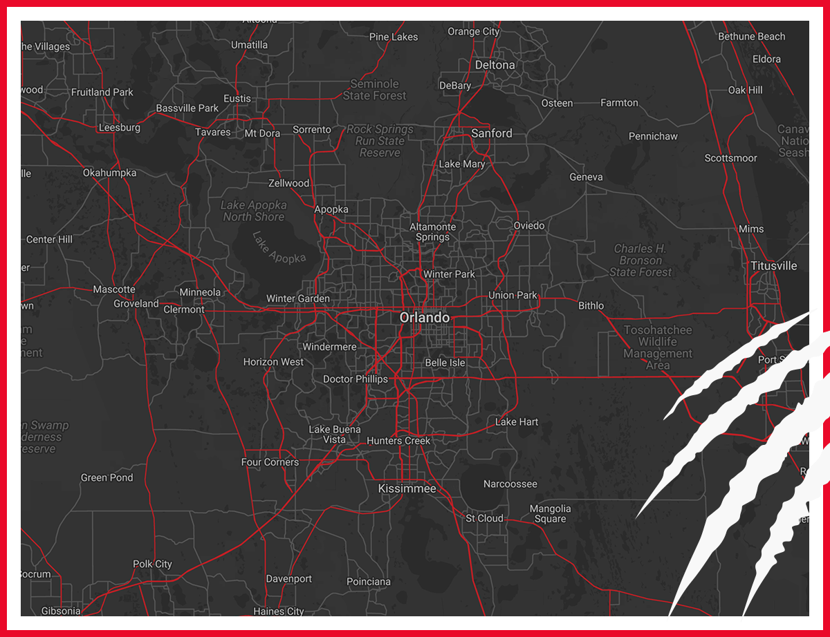Map of Orlando, FL with the Wolfpack Construction logo on the bottom right corner